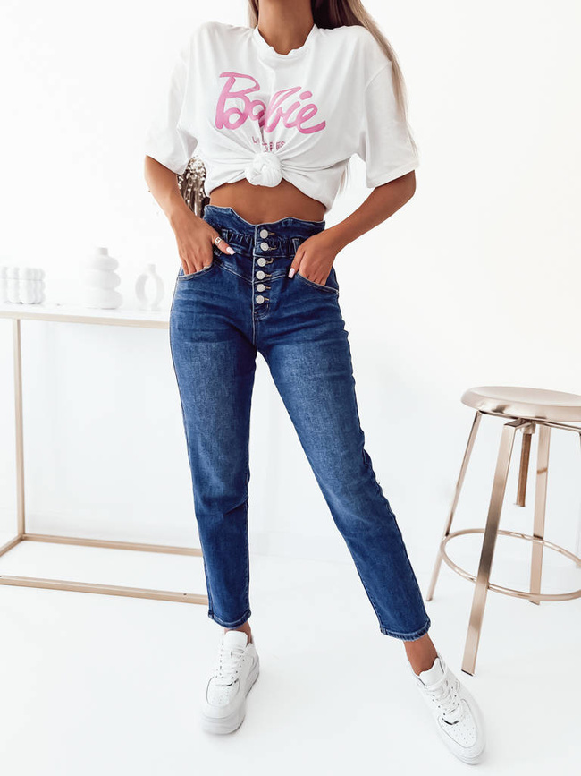 JASNE SPODNIE JEANSOWE MOM FIT Z GUZIKAMI I WYSOKIM STANEM- GRANATOWE