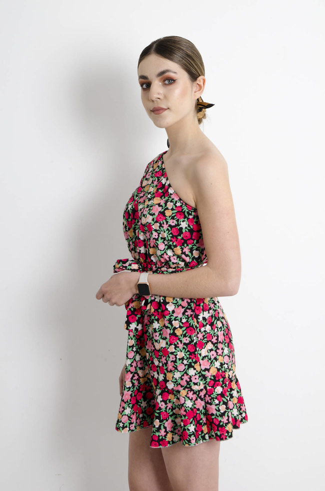 SUKIENKA W KWIATY NA JEDNO RAMIĘ - CZARNA