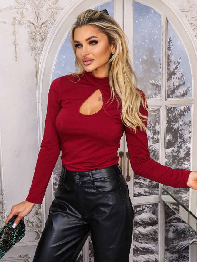 BLUZKA PÓŁGOLF Z WYCIĘCIEM NA DEKOLCIE- BORDOWA