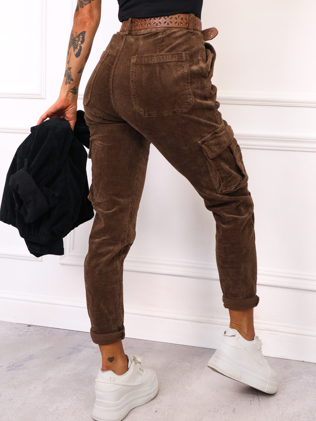 SPODNIE SZTRUKSOWE BOJÓWKI Z PASKIEM- BRĄZOWE