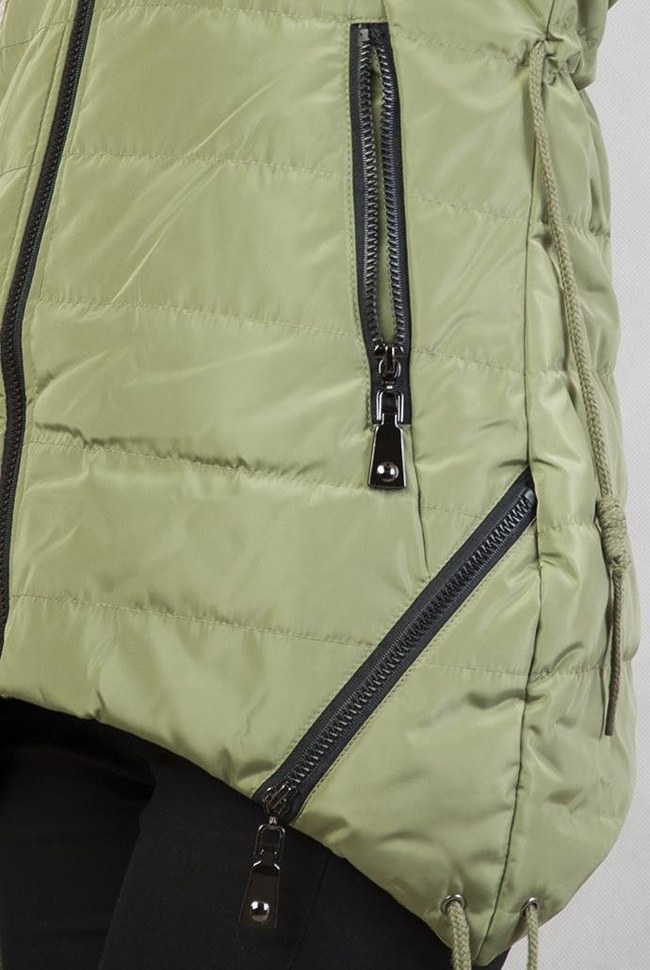 Asymetryczna zielona kurtka z kapturem ze ściągaczami