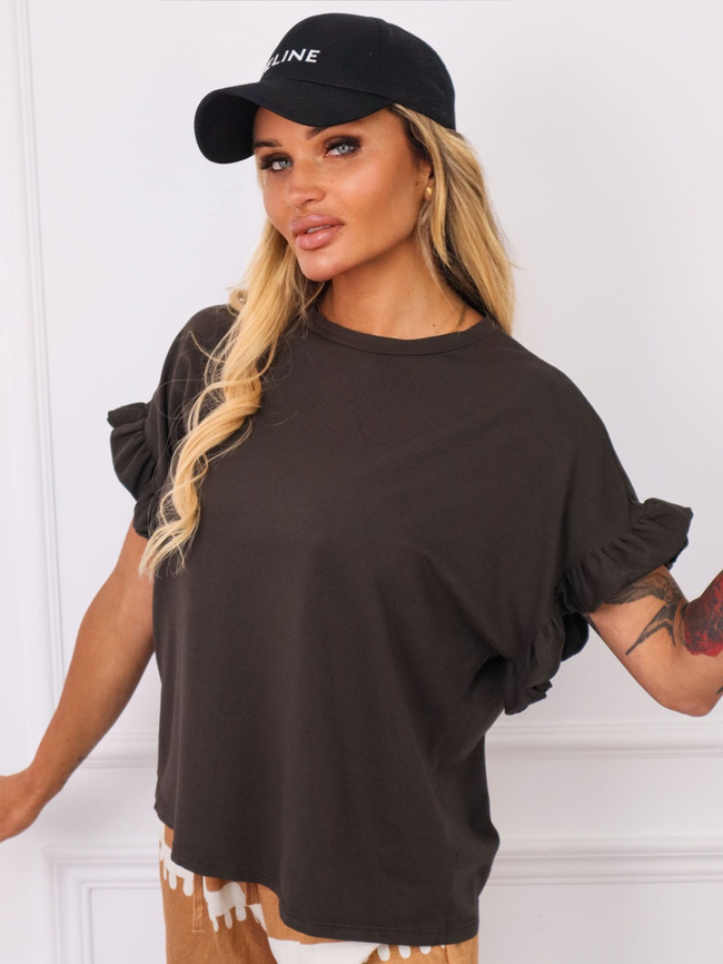 T-SHIRT OVERSIZE Z FALBANAMI NA RĘKAWACH- BRĄZOWY