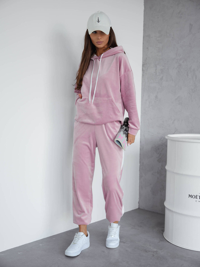 KOMPLET WELUROWY BLUZA+ SPODNIE Z KONTRASTOWYMI LAMPASAMI- PUDROWY