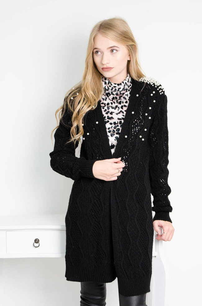CZARNY DŁUGI SWETER Z PEREŁKAMI