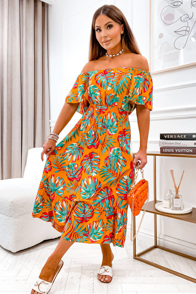 POMARAŃCZOWA SUKIENKA HISZPANKA MAXI Z MOTYWEM LIŚCIA I GUMĄ W PASIE
