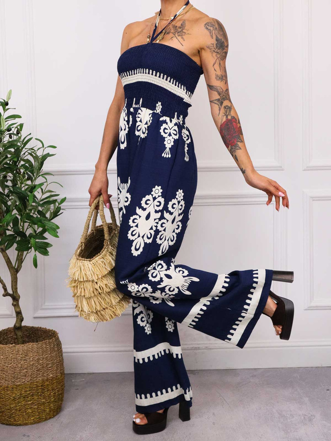 KOMBINEZON WZORZYSTY BEZ RAMIĄCZEK- GRANATOWY