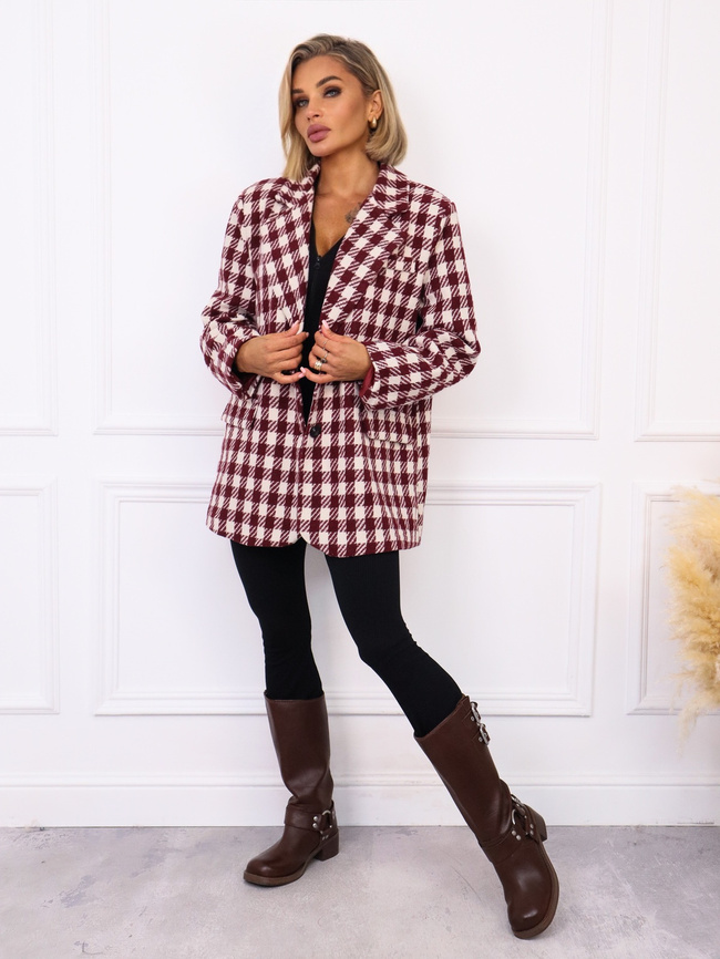 PŁASZCZ MARYNARKA W KRATKĘ ZAPINANY NA GUZIKI- BORDOWY