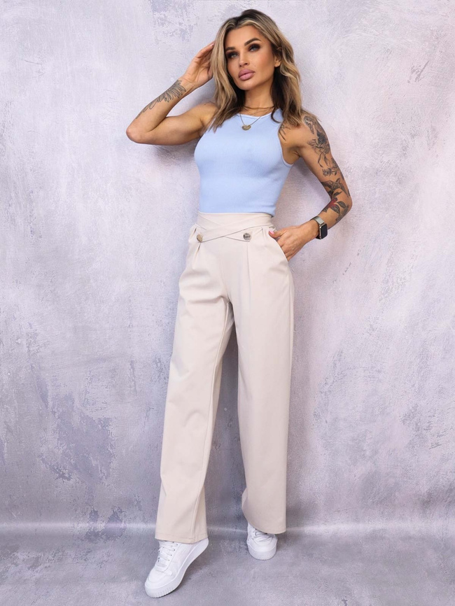 SPODNIE Z SZEROKIMI NOGAWKAMI I OZDOBNYMI PASKAMI- BEŻOWE