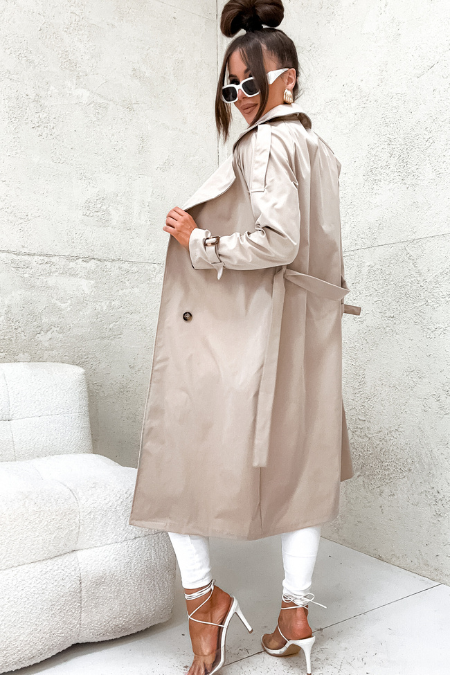 DŁUGI PŁASZCZ TRENCZ WIĄZANY W PASIE- BEŻOWY