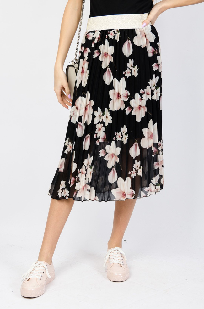 PLISOWANA SPÓDNICA W KWIATY W KOLORZE CZARNYM