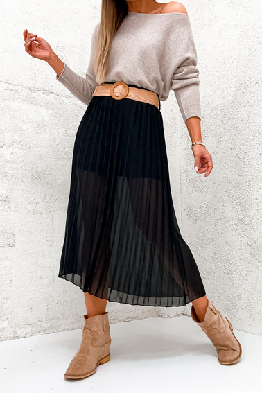SPÓDNICA MIDI PLISOWANA Z PASKIEM- CZARNA