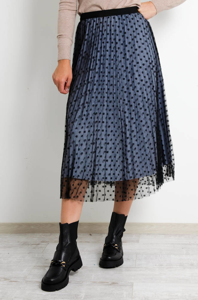 SZARA PLISOWANA SPÓDNICA MIDI Z TIULU W CZARNE KROPKI-DWUSTRONNA
