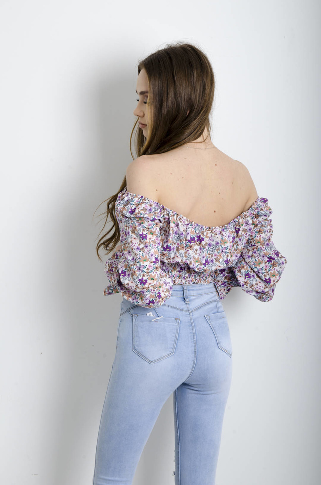 BLUZKA HISZPANKA BIAŁO-FIOLETOWA W DROBNE KWIATY