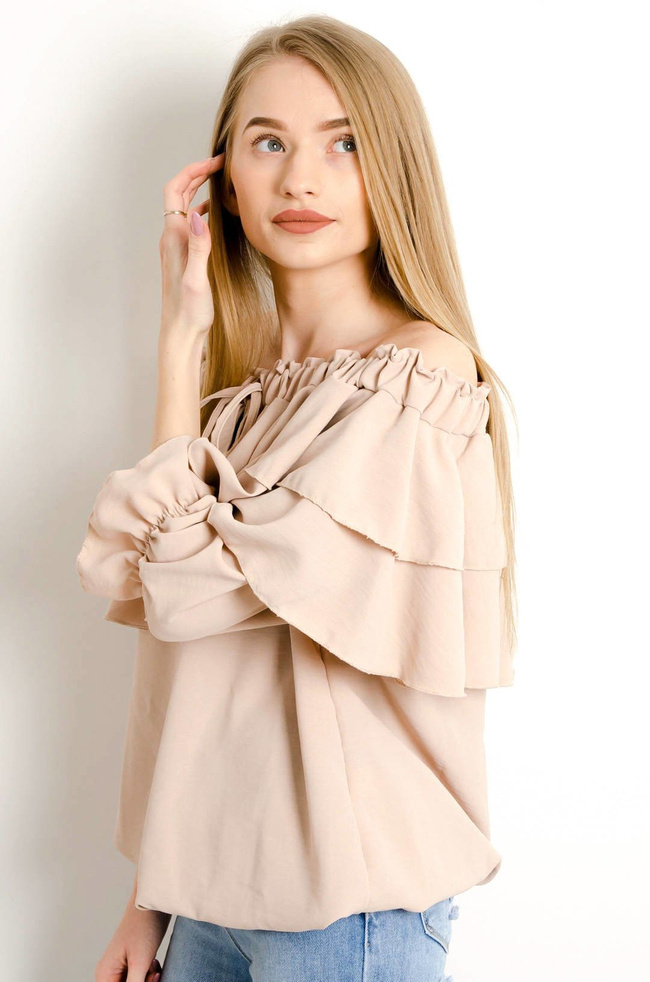 BEŻOWA BLUZKA HISZPANKA Z WIĄZANIEM W DEKOLCIE