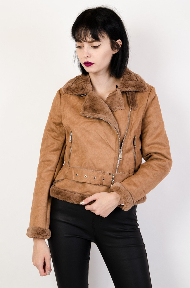 Brązowa zamszowa ramoneska z futerkiem