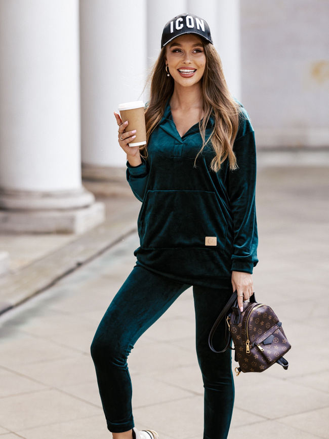 WELUROWY KOMPLET BLUZA+ LEGGINSY- BUTELKOWA ZIELEŃ