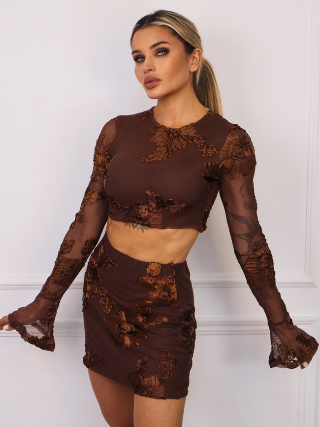 KOMPLET SIATECZKOWY SPÓDNICA MIDI+ TOP Z ROZSZERZANYMI RĘKAWAMI- BRĄZOWY