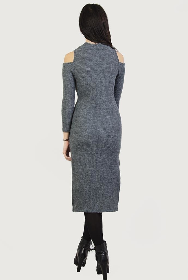 Szara, prążkowana sukienka midi z wycięciami na ramionach