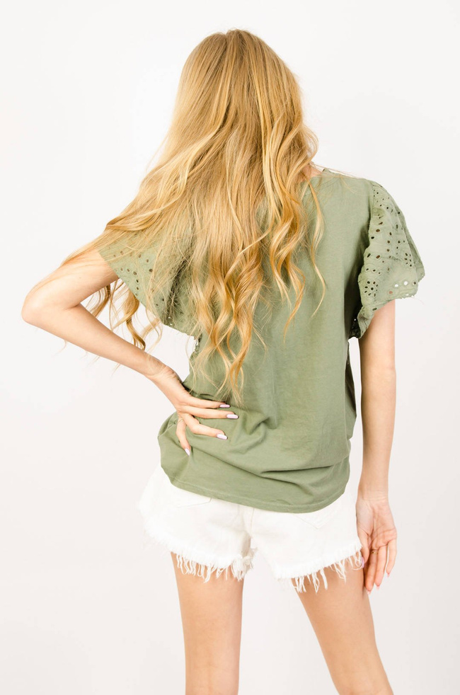 ZIELONA BAWEŁNIANA BLUZKA Z AŻUROWYMI RĘKAWAMI