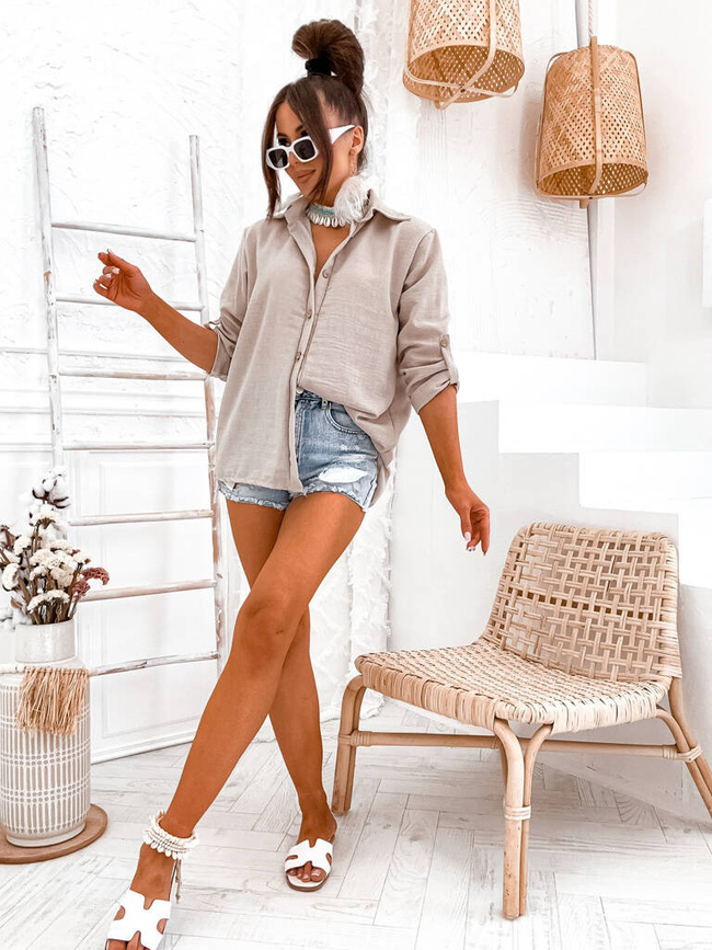 LNIANA KOSZULA Z PODWIJANYM RĘKAWEM- BEŻOWA