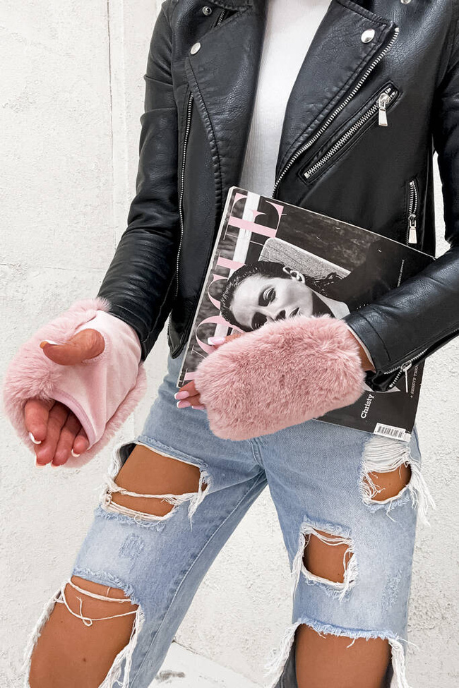 RAKAWICZKI BEZ PALCÓW Z OZDOBNYM FUTERKIEM - J. RÓŻOWE