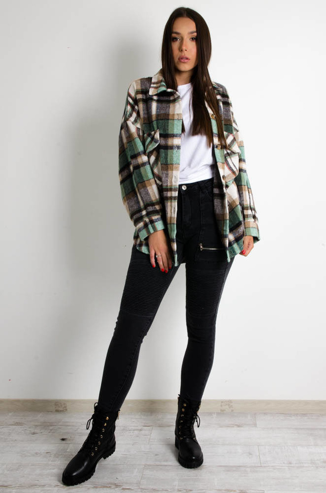 KURTKA KOSZULOWA W KRATĘ -ZIELONA