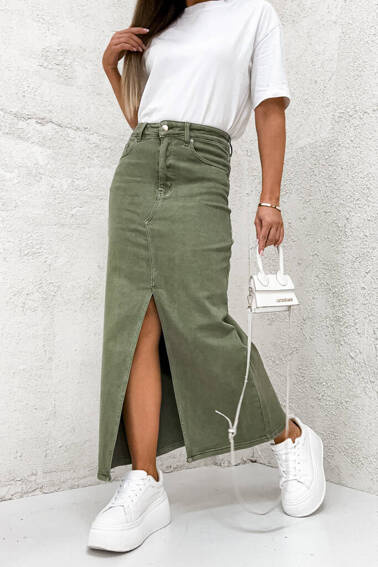 SPÓDNICA JEANSOWE MAXI Z ROZCIĘCIEM- ZIELONA