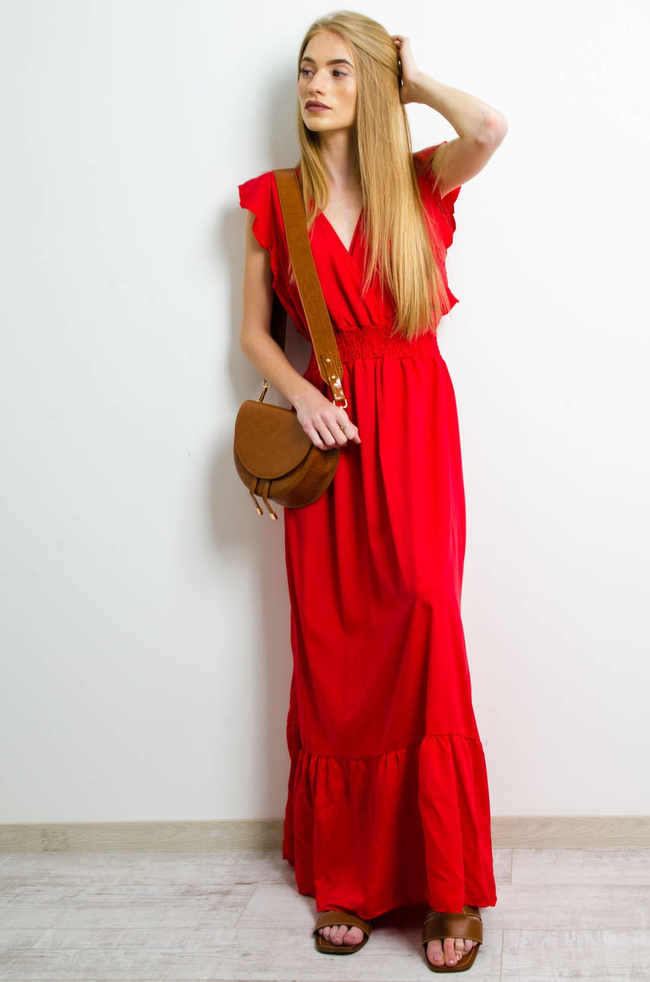 DŁUGA CZERWONA SUKIENKA Z KOPERTOWYM DEKOLTEM