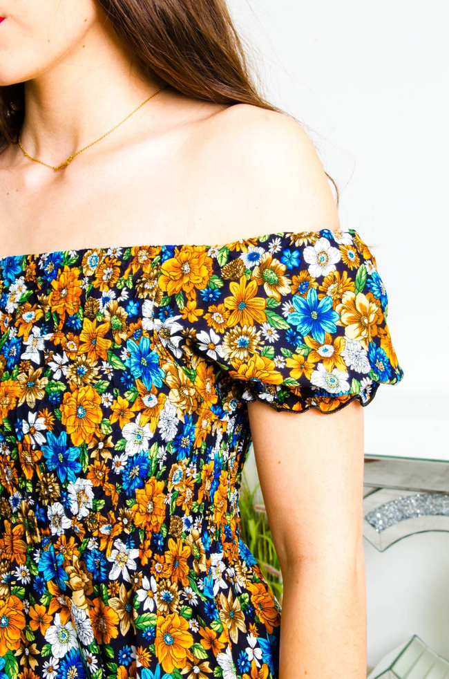 CZARNO-POMARAŃCZOWA DŁUGA SUKIENKA HISZPANKA W KWIATY 