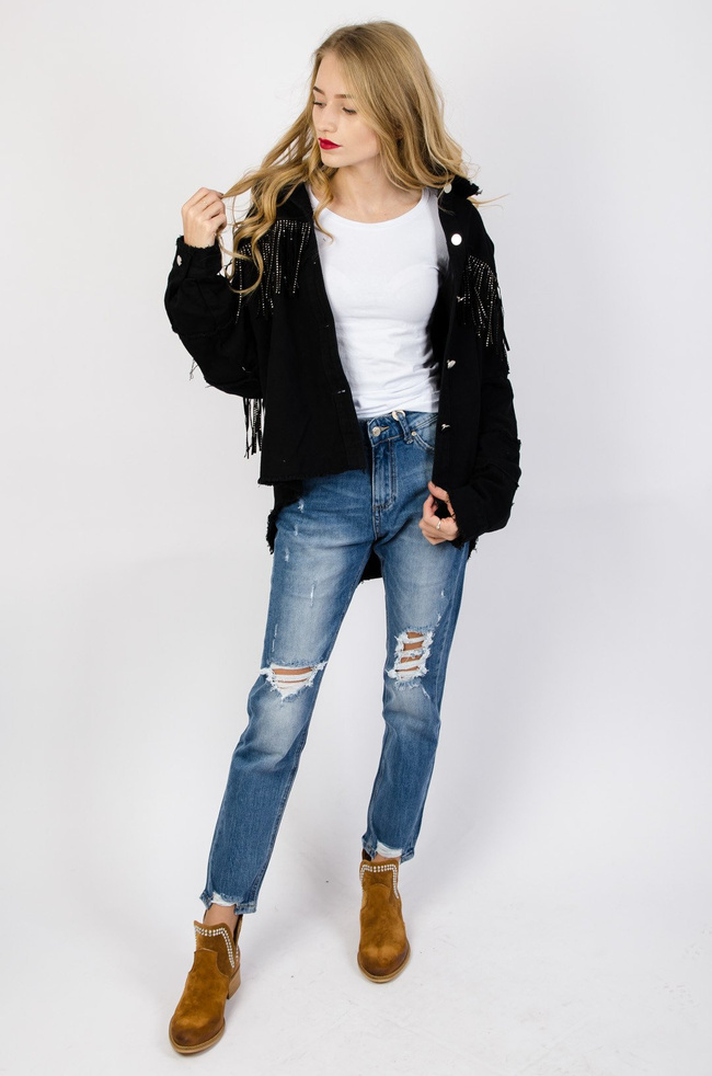CZARNA KOSZULA JEANSOWA Z OZDOBNYMI FRĘDZLAMI