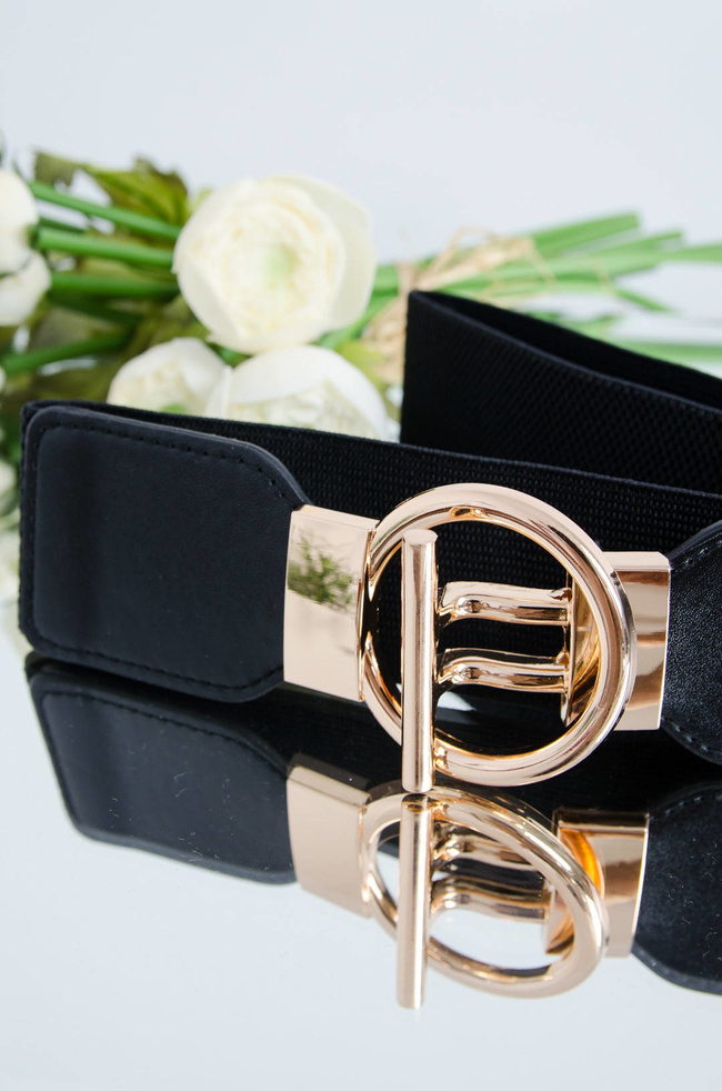 CZARNY PASEK NA GUMIE-ZŁOTA KLAMRA