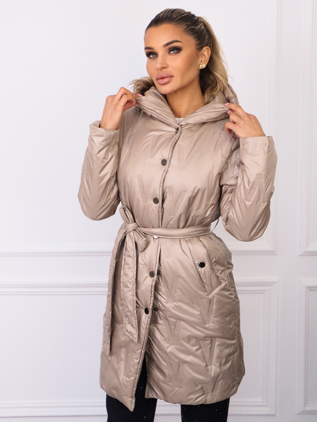 DŁUGA KURTKA PIKOWANA Z WIĄZANIEM- CIEMNOBEŻOWA