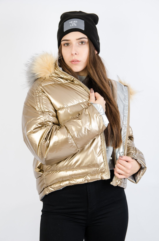 Złota metaliczna bomberka z dwukolorowym futerkiem