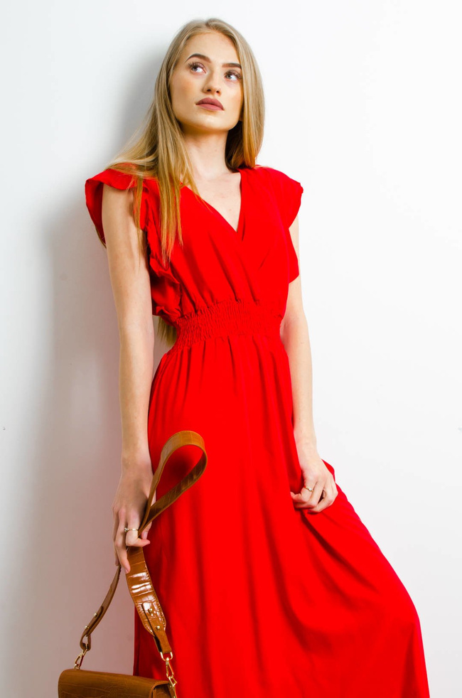 DŁUGA CZERWONA SUKIENKA Z KOPERTOWYM DEKOLTEM