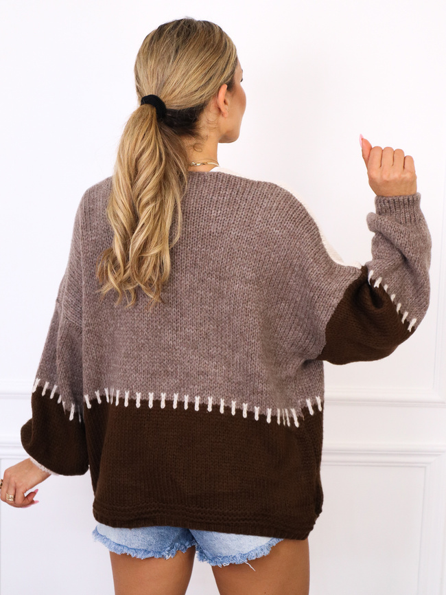 SWETER KARDIGAN Z ŁĄCZONYCH KOLORÓW Z DOMIESZKĄ WEŁNY- BEŻOWY