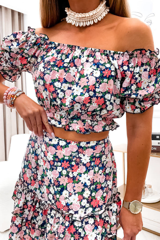 KOMPLET W KWIATOWY WZÓR SPÓDNICA+ BLUZKA HISZPANKA- CZARNY