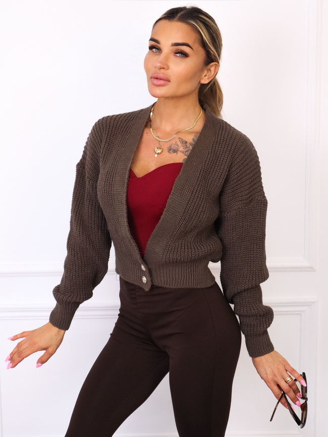 SWETER KARDIGAN ZAPINANY NA GUZIKI- BRĄZOWY