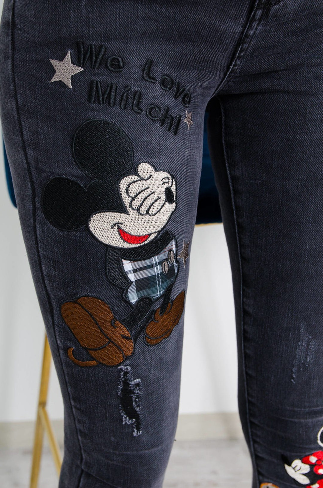 CIEMNO-SZARE SPODNIE JEANSOWE Z NASZYWKĄ MYSZKI - WYSOKI STAN