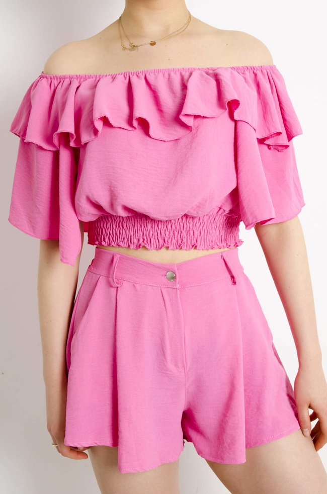 RÓŻOWY KOMPLET HISZPANKA + SPODENKI Z WYSOKIM STANEM