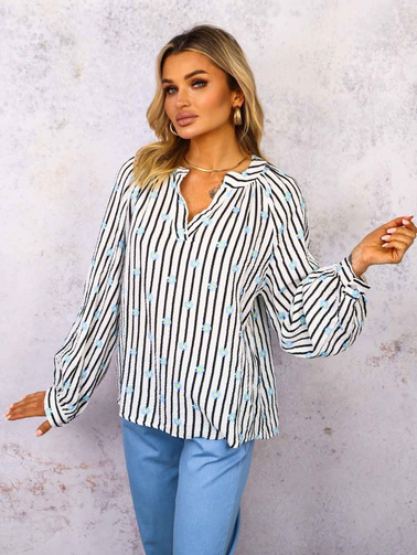 BLUZKA KOSZULOWA W PASKI I KWIATKI- CZARNA