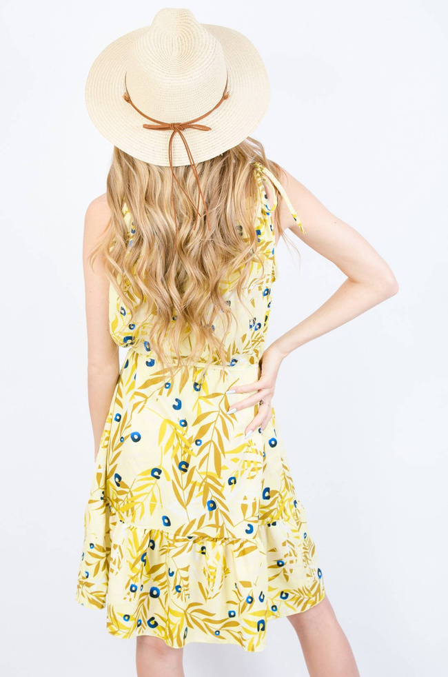 WZORZYSTA SUKIENKA WIĄZANA W PASIE - ŻÓŁTA