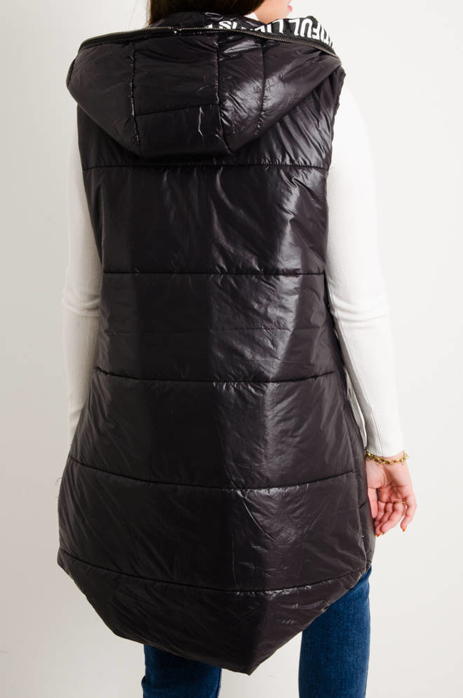 DŁUGA ASYMETRYCZNA KAMIZELKA Z OZDOBNYM PASEM- CZARNA