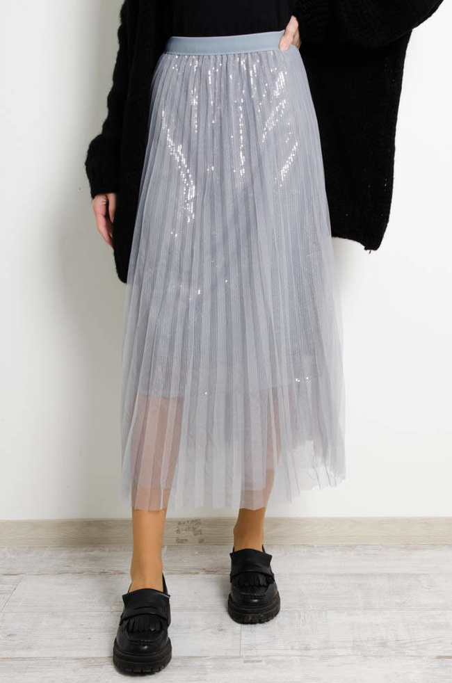 SZARA SPÓDNICA TIULOWA Z CEKINAMI