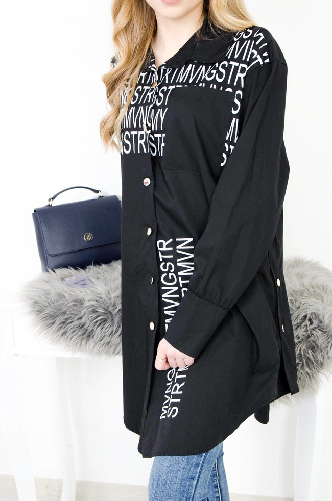 DŁUGA CZARNA BAWEŁNIANA KOSZULA Z NAPISAMI