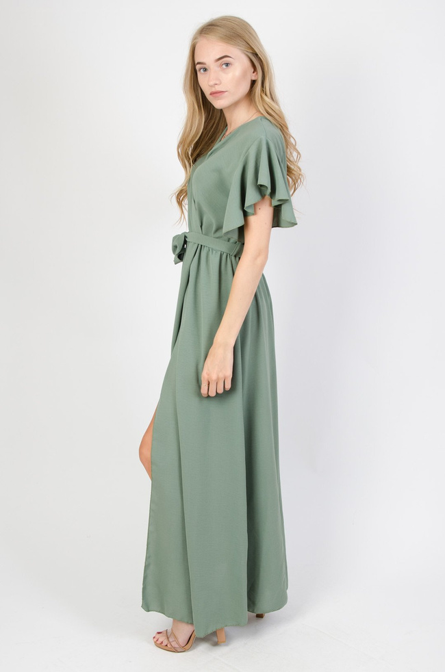 Zielona długa sukienka z rozcięciem