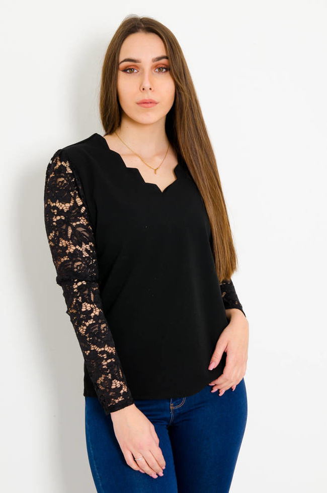 CZARNA ELEGANCKA BLUZKA Z KORONKOWYMI RĘKAWAMI