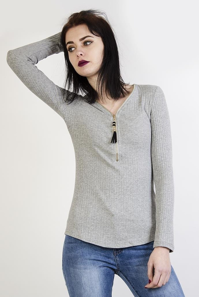 Jasnoszara prążkowana bluzka zapinana na zamek