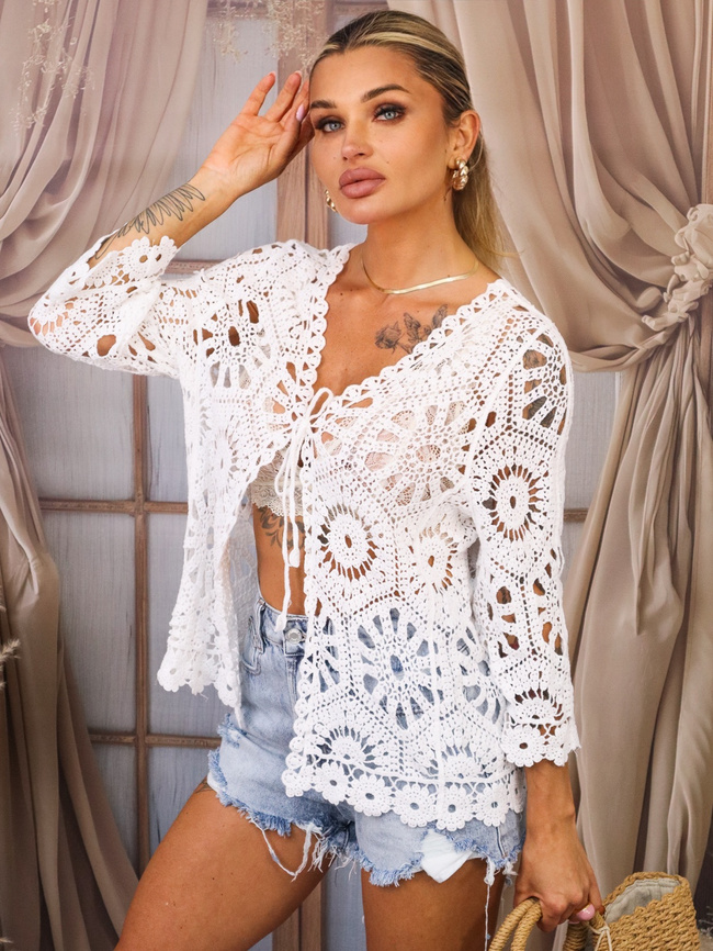 NARZUTA AŻUROWA KARDIGAN Z WIĄZANIEM- BIAŁA