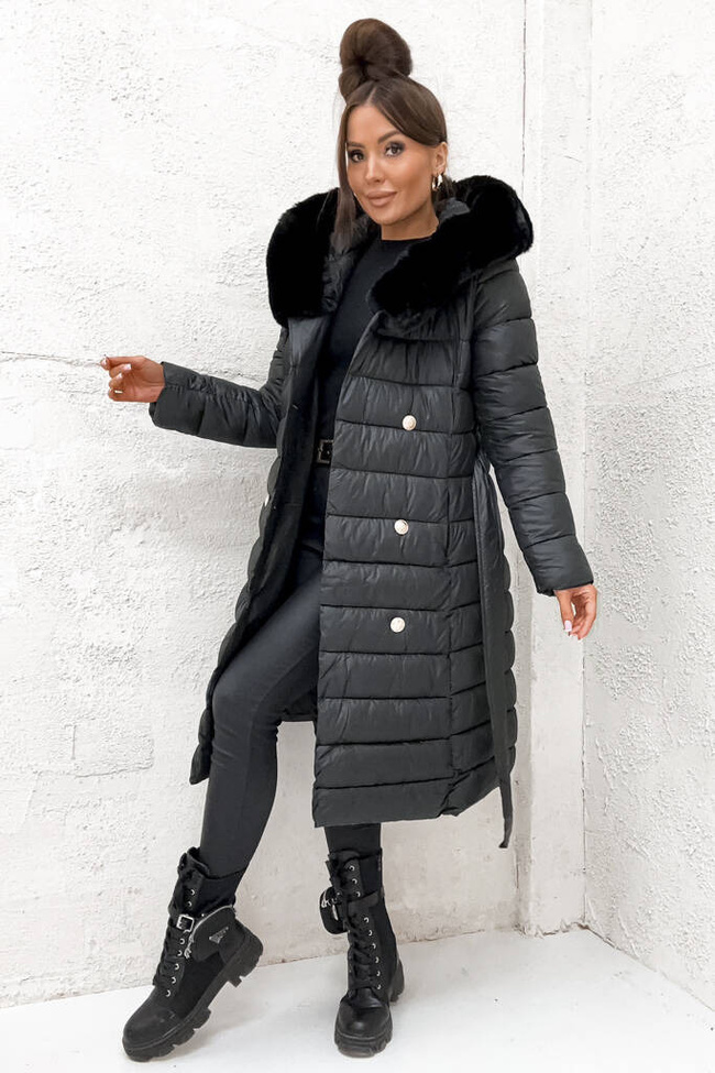 PIKOWANY PŁASZCZ ZE ZŁOTYMI GUZIKAMI I PASKIEM- CZARNY