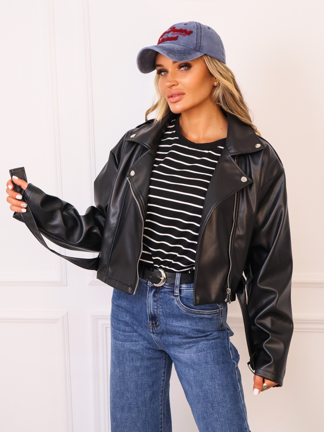 KURTKA RAMONESKA Z PASKIEM- CZARNA